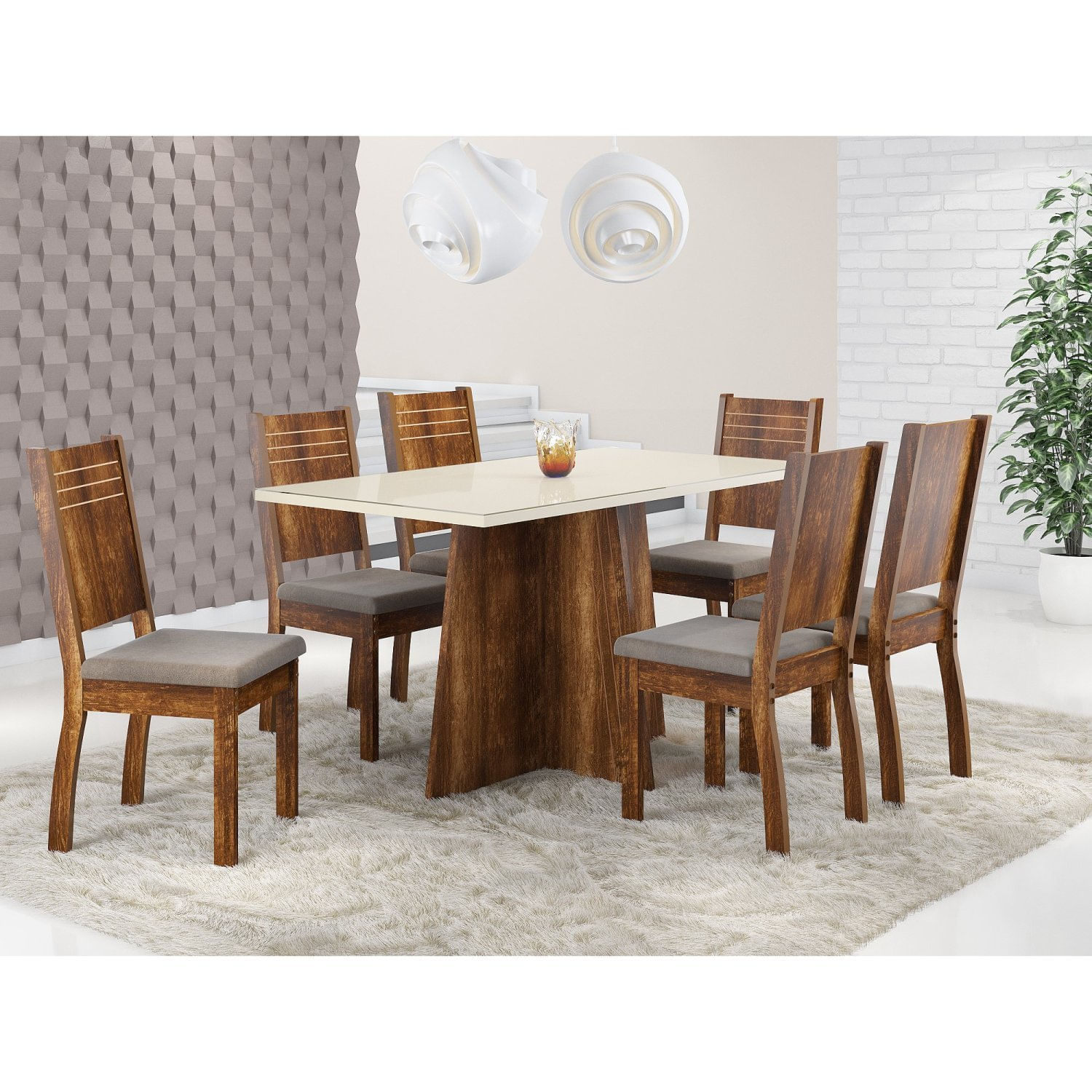 Conjunto Sala De Jantar Mesa Iza 150cm Tampo Vidro/mdp Com 6 Cadeiras Spazzio  Rústico/off White