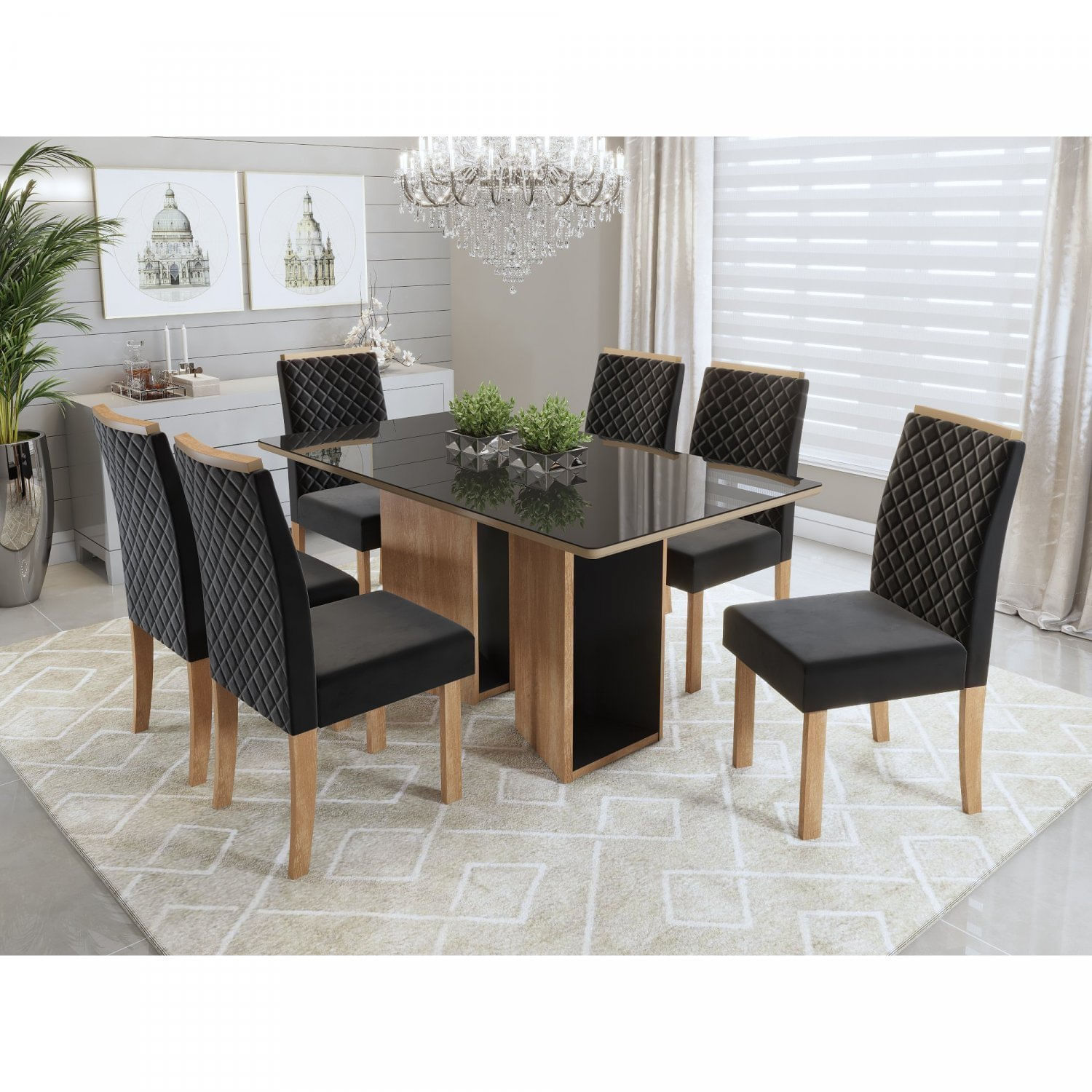 Conjunto Sala De Jantar Mesa Tampo Vidro E Mdf Ayla 6 Cadeiras Elegance  Mel/preto