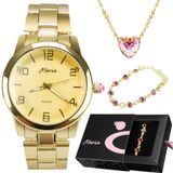 Relogio Feminino Dourado Aço + Pulseira + Colar Coração Presente Social Aço Inoxidavel Casual Ouro