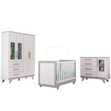 Quarto Bebê Infantil Retrô 100% Mdf Com Guarda Roupa, Cômoda E Berço Minicama Branco-cinza - Peroba