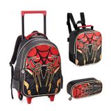 Kit Mochila De Rodinhas + Lancheira Térmica + Estojo Menino Aranha Dark Spider Denlex