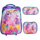 Kit Mochila De Rodinhas + Lancheira Térmica + Estojo Happy Pony Yins Roxo