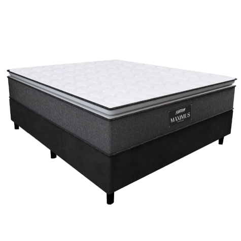 Cama Box Casal Colchão Molas Ensacadas Pillow Top Maximus 138x188x67cm Cinza / Preto Gazin - Suporta Até 120kg Por Pessoa