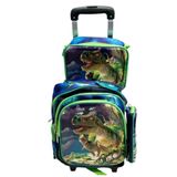 Mochila Escolar Infantil 3d Com Rodinhas Reforçada Mais Lancheira E Estojo Modelo:dinossauro Rex