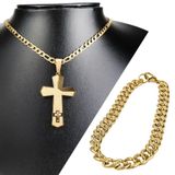Cordão Aço Banhado Ouro + Pingente Cruz Pai Nosso + Pulseira