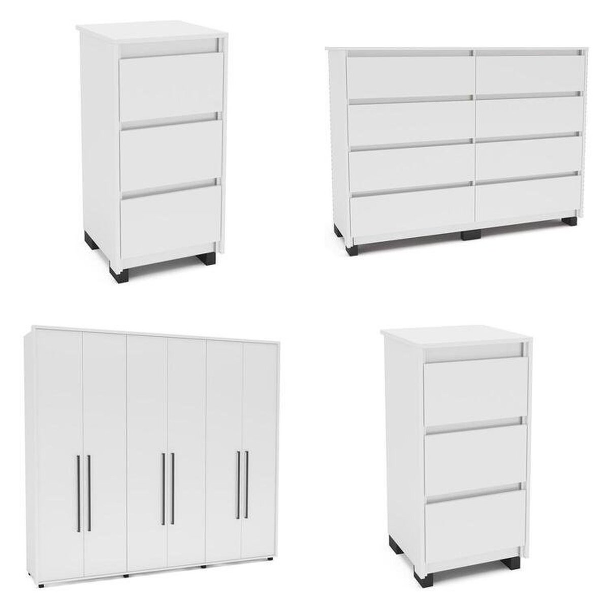 Quarto Casal Completo Guarda Roupa 6 Portas Cômoda 8 Gavetas 2 Mesa De Cabeceira 3 Gavetas Politorno Branco