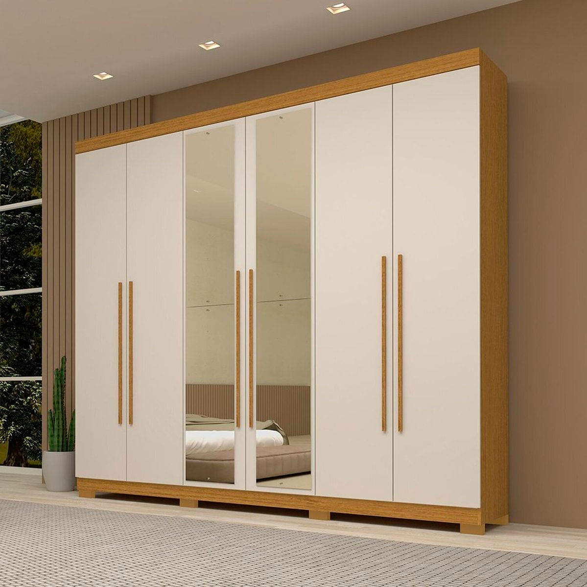 Guarda-roupa Casal 243,90cm 6 Portas Com Espelho 100% Mdf Buganvílea Espresso Móveis Cinamomo/off White