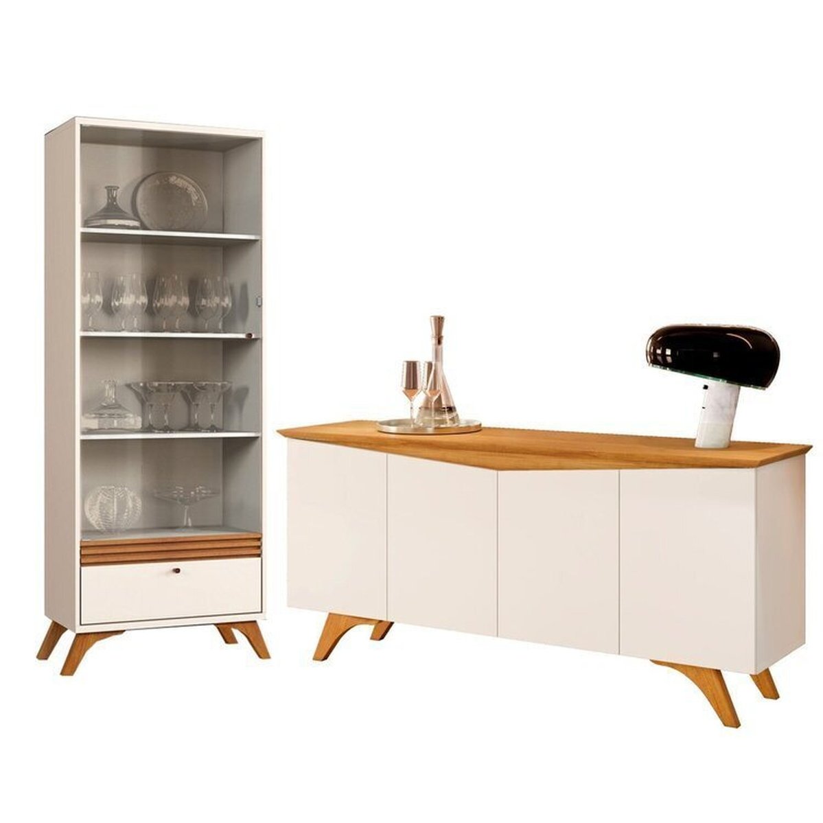 Conjunto Cristaleira 1 Gaveta 4 Prateleiras Madrid E Buffet 4 Portas 160cm Madrid Off White/naturale