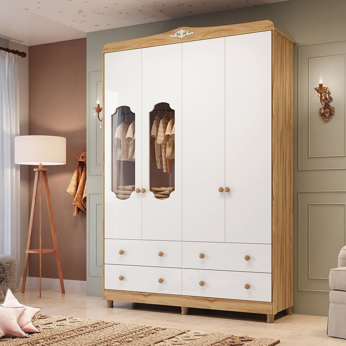 Guarda-roupa De Bebê 156,80cm 4 Portas Com Janela 4 Gavetas 100% Mdf Maya Provençal Espresso Móveis Branco Brilho/amêndoa