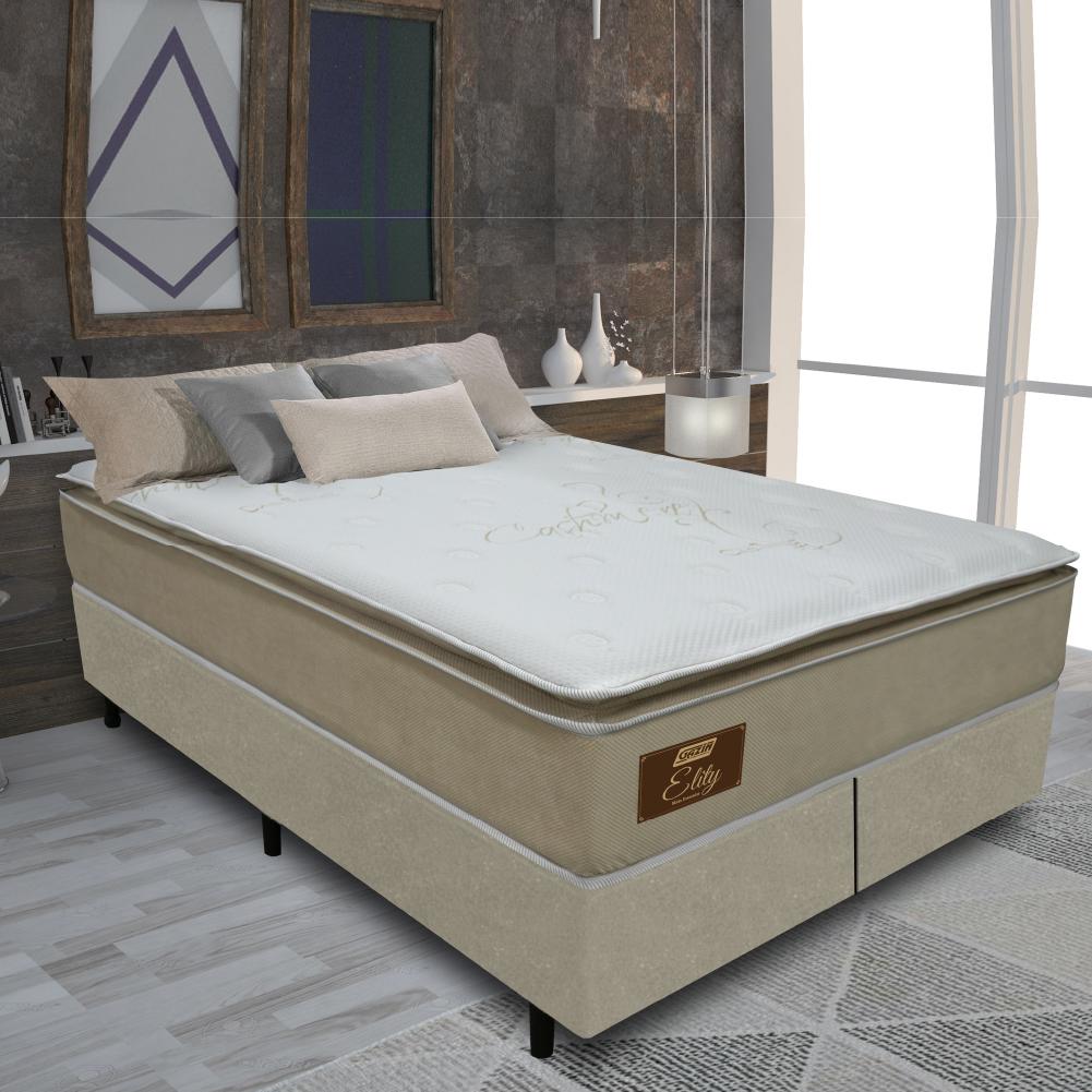 Cama Box Casal Queen Colchão Molas Ensacadas Pillow Top Elity Gazin 158x198x68cm Branco/bege - Suporta Até 130kg Por Pessoa