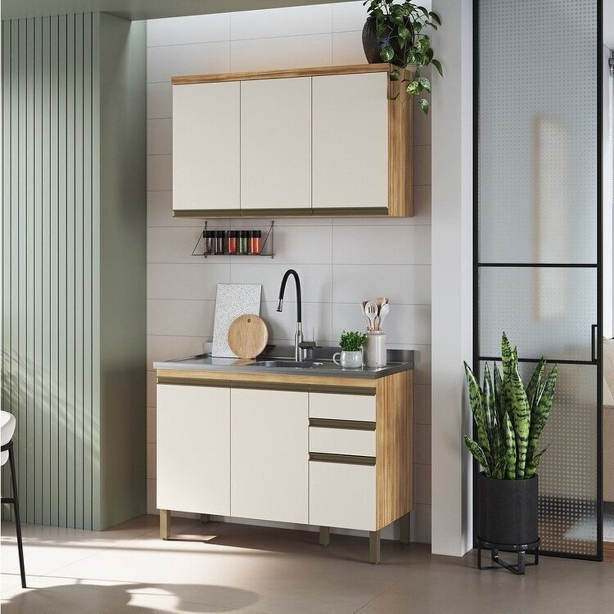 Cozinha Compacta Modulada Com 2 Peças 6 Portas E 2 Gavetas Sem Tampo Madri Espresso Móveis Amêndoa/off White