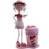 Decoração Enfeite Boneca Escultura De Metal Com Lixeira Pedal Menina Rosa