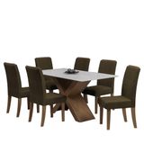 Conjunto De Mesa Sala De Jantar Tampo Com Vidro Grécia 6 Cadeiras Off White/castor/cedro 1,60m