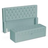 Cabeceira E Calçadeira Báu Queen Size Atena 160cm Capitonê Veludo Acqua - Desk Design