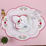 Kit 12 Jogos Americanos Guardanapos De Mesa Redondo Bordado Floral Peônia - Branco