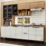 Cozinha Modulada Toscana 5 Peças Mdf Com Aéreo 1200 Porta De Vidro E Paneleiro Freijó/off White