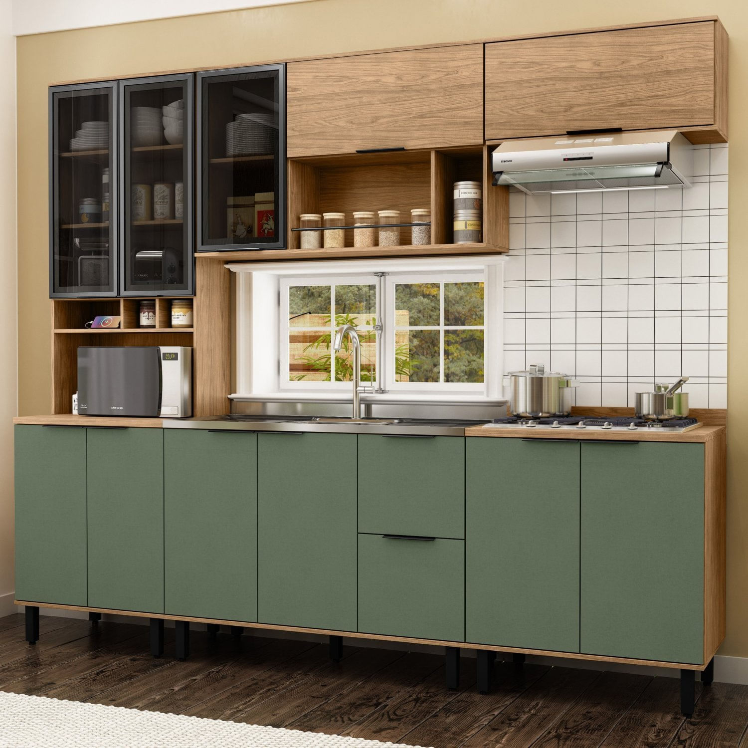 Cozinha Modulada Toscana 5 Peças Mdf Com Aéreo 1200 Porta De Vidro E Paneleiro Freijó/jade