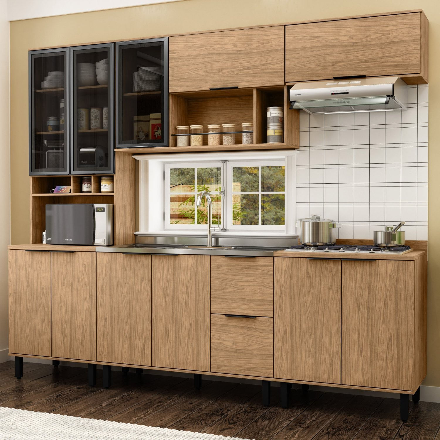 Cozinha Modulada Toscana 5 Peças Mdf Com Aéreo 1200 Porta De Vidro E Paneleiro Freijó