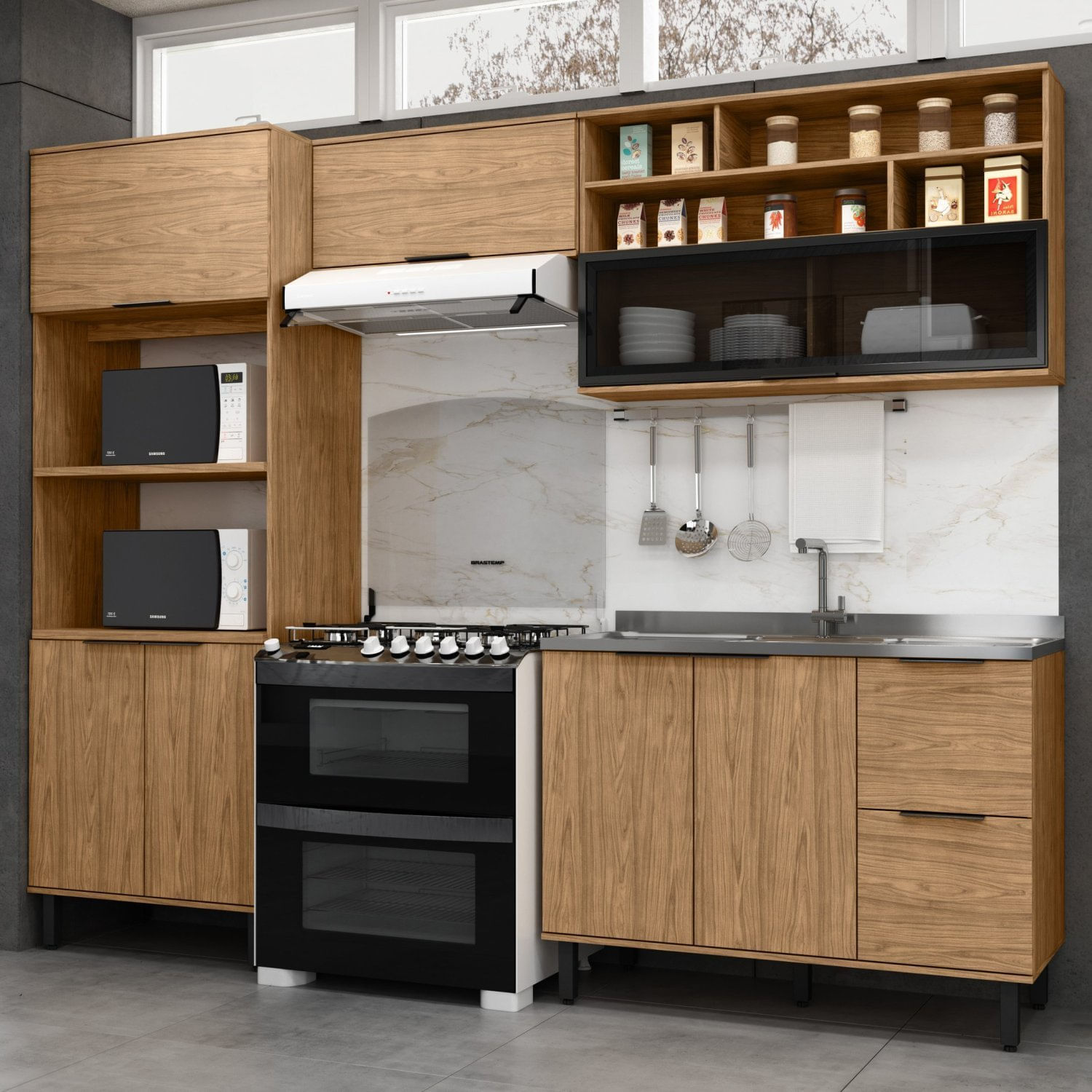 Cozinha Modulada Toscana 4 Peças Mdf Com Aéreo 1200 Porta De Vidro Basculante E Torre 2 Fornos Freijó