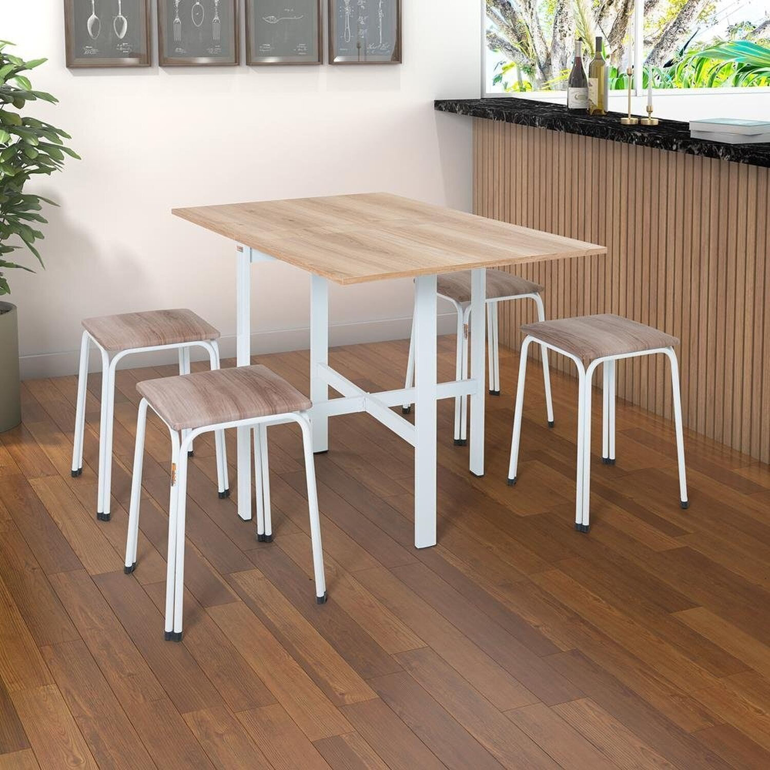 Conjunto De Mesa Dobrável Izi Com 4 Banquetas Bia Branco/capuccino