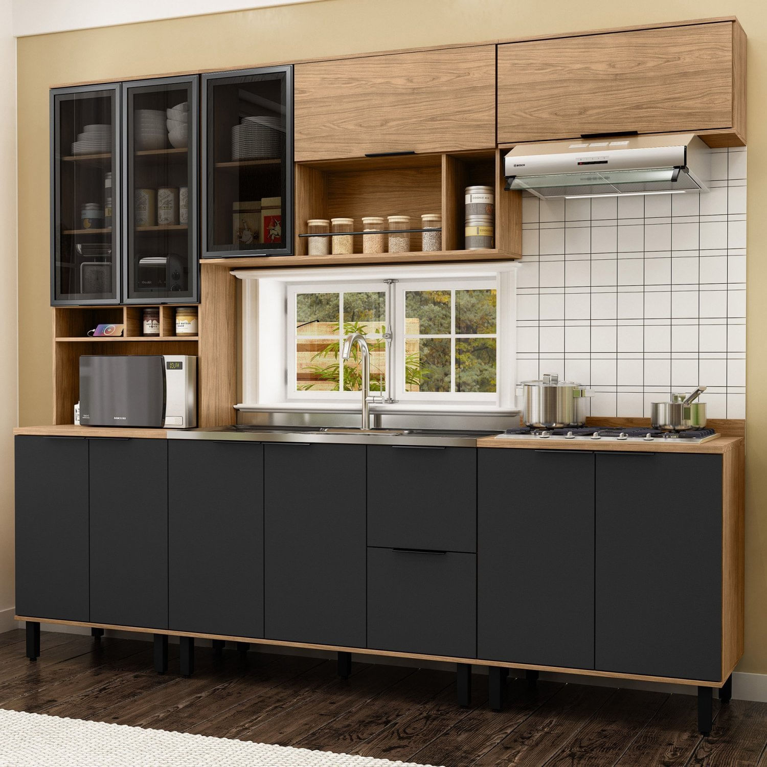 Cozinha Modulada Toscana 5 Peças Mdf Com Aéreo 1200 Porta De Vidro E Paneleiro Freijó/nero