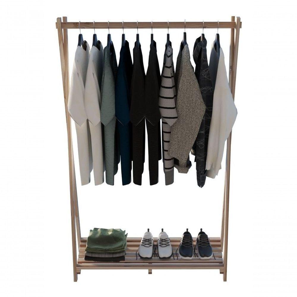 Arara De Roupa Com Cabideiro De Closet Em Madeira Pinus