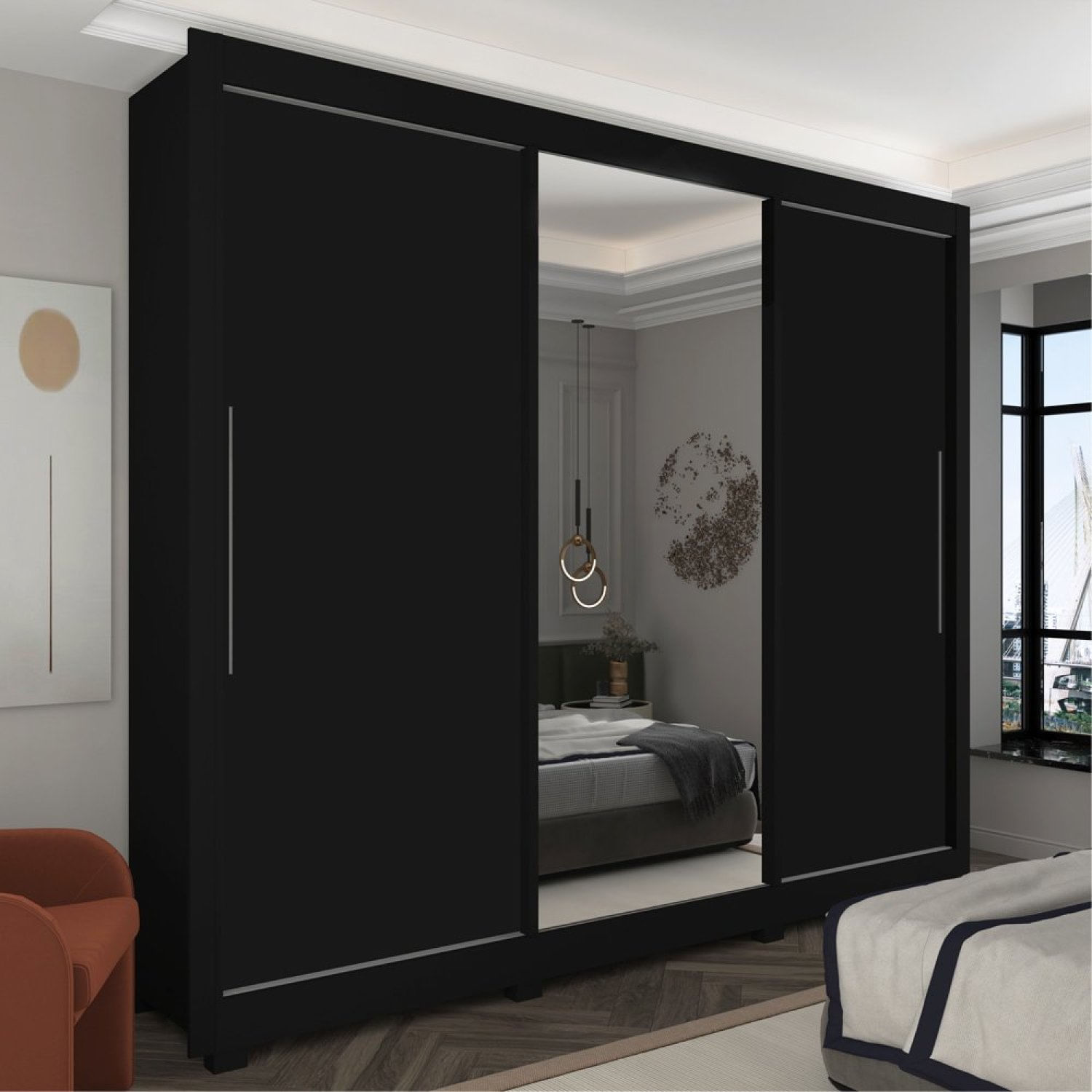 Guarda-roupa Casal 3 Portas 1 Porta Espelhada Com Pés Royale Preto Acetinado/madeirado