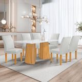 Conjunto Mesa Stella Ripada 170cm Com 6 Cadeiras Canela Tampo Smart Plus Com Vidro Cinamomo/off White/boucle Gelo