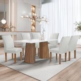 Conjunto Mesa Stella Ripada 170cm Com 6 Cadeiras Canela Tampo Smart Plus Com Vidro Chocolate/off White/boucle Gelo