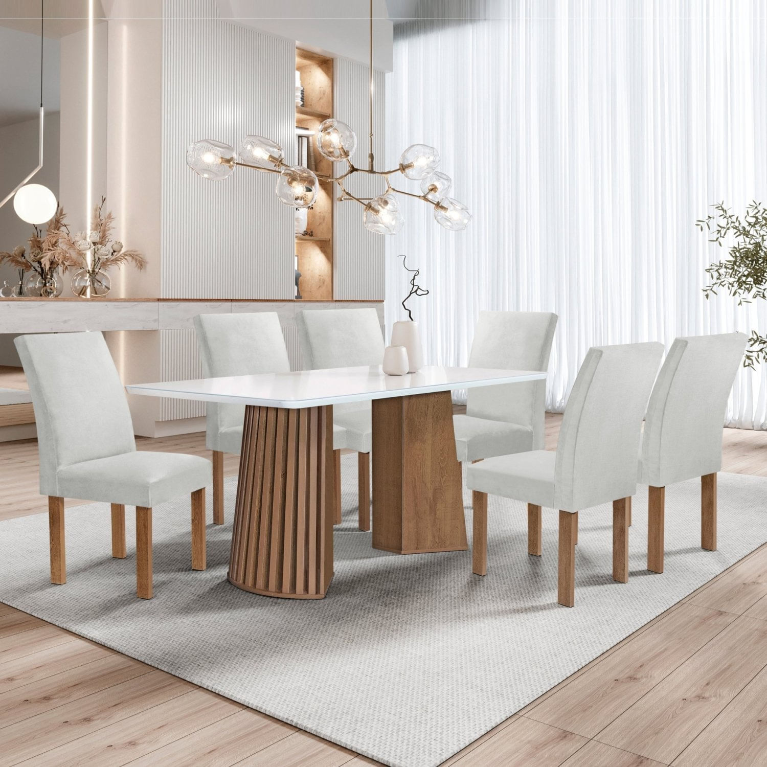 Conjunto Mesa Stella Ripada 170cm Com 6 Cadeiras Canela Tampo Smart Plus Com Vidro Chocolate/off White/boucle Gelo