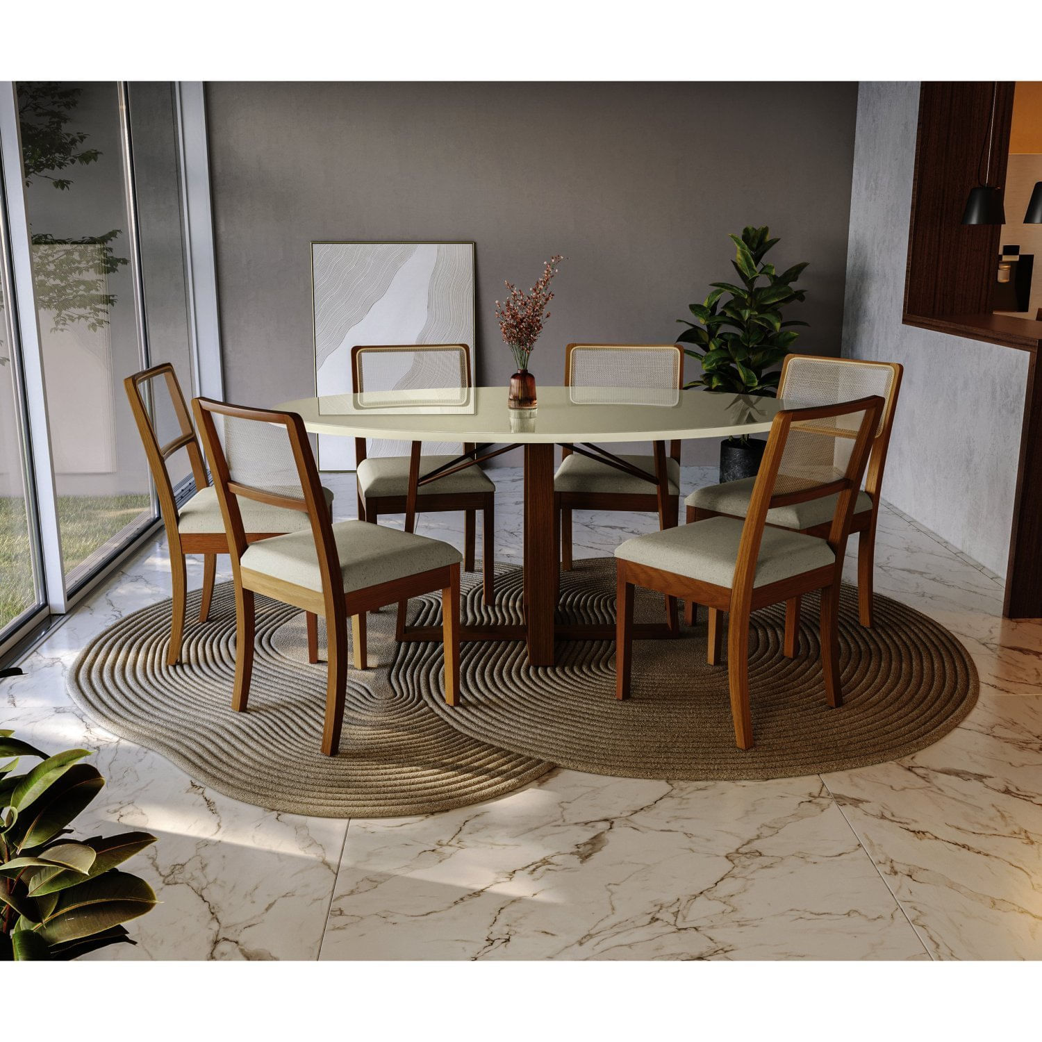 Conjunto Para Sala De Jantar Com Mesa Elma E 6 Cadeiras Caqui