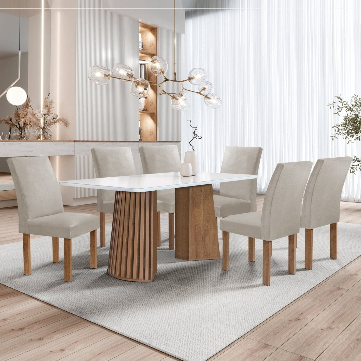 Conjunto Mesa Stella Ripada 170cm Com 6 Cadeiras Canela Tampo Smart Plus Com Vidro Chocolate/off White/veludo Bege Claro