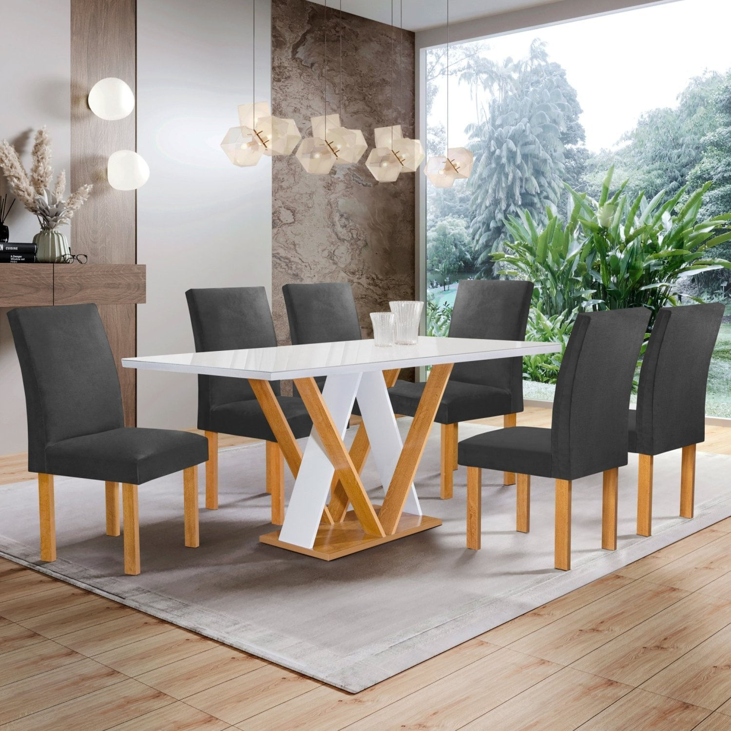 Conjunto Mesa Manuela 160cm Com 6 Cadeiras Canela Tampo Dakota Plus Com Vidro Cinamomo/off White/cinza