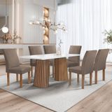 Conjunto Mesa Stella Ripada 170cm Com 6 Cadeiras Canela Tampo Smart Plus Com Vidro Cinamomo/off White/veludo Marrom