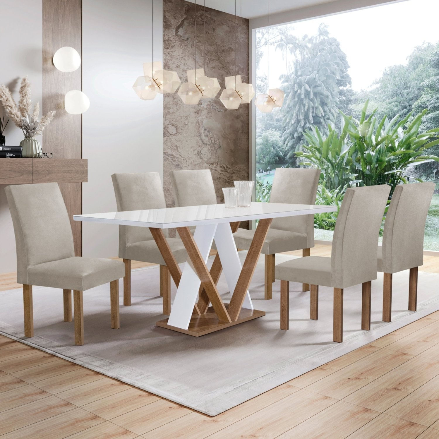 Conjunto Mesa Manuela 160cm Com 6 Cadeiras Canela Tampo Dakota Plus Com Vidro Chocolate/off White/bege Claro