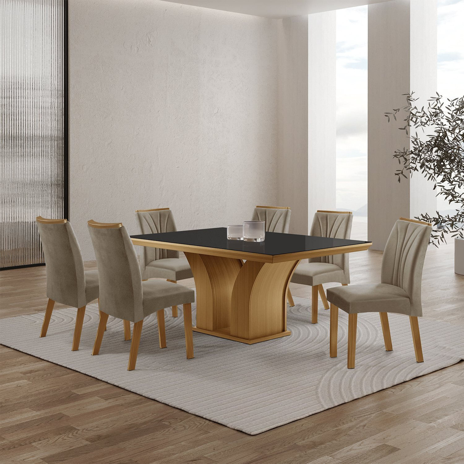 Conjunto Sala De Jantar Mesa Tampo Mdf Vidro 6 Cadeiras Leblon Tik Plus Yescasa Castanho Cinamomo / Capuccino / Off White