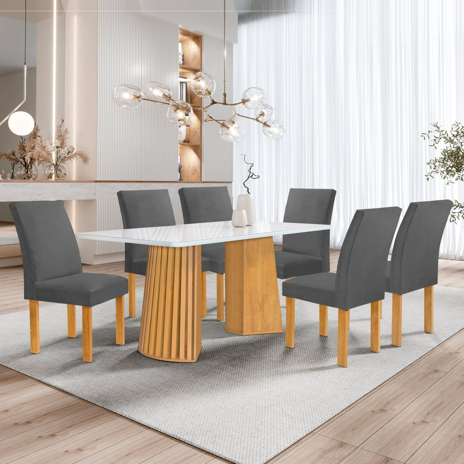 Conjunto Mesa Stella Ripada 170cm Com 6 Cadeiras Canela Tampo Smart Plus Com Vidro Cinamomo/off White/veludo Cinza