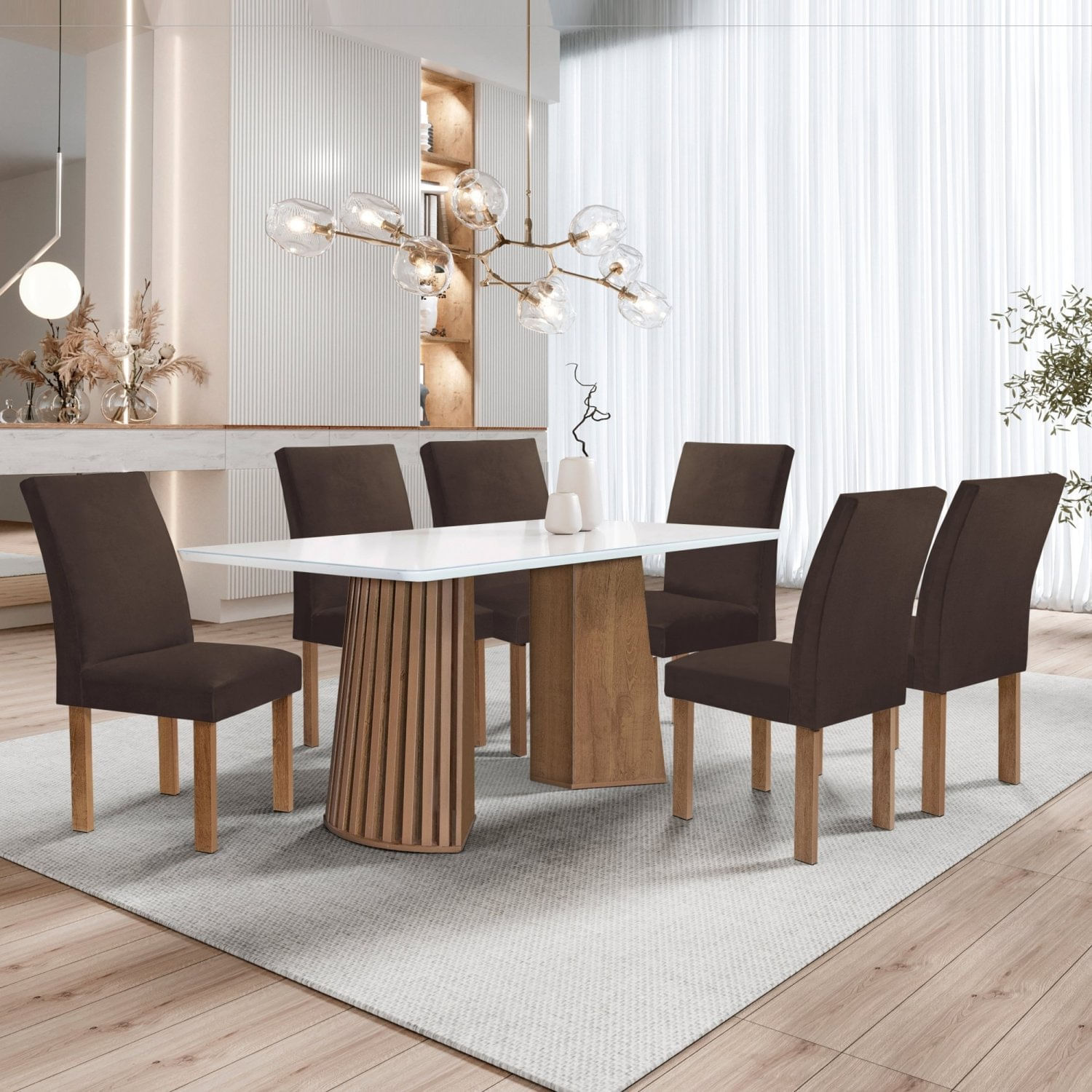 Conjunto Mesa Stella Ripada 170cm Com 6 Cadeiras Canela Tampo Smart Plus Com Vidro Chocolate/off White/veludo Marrom