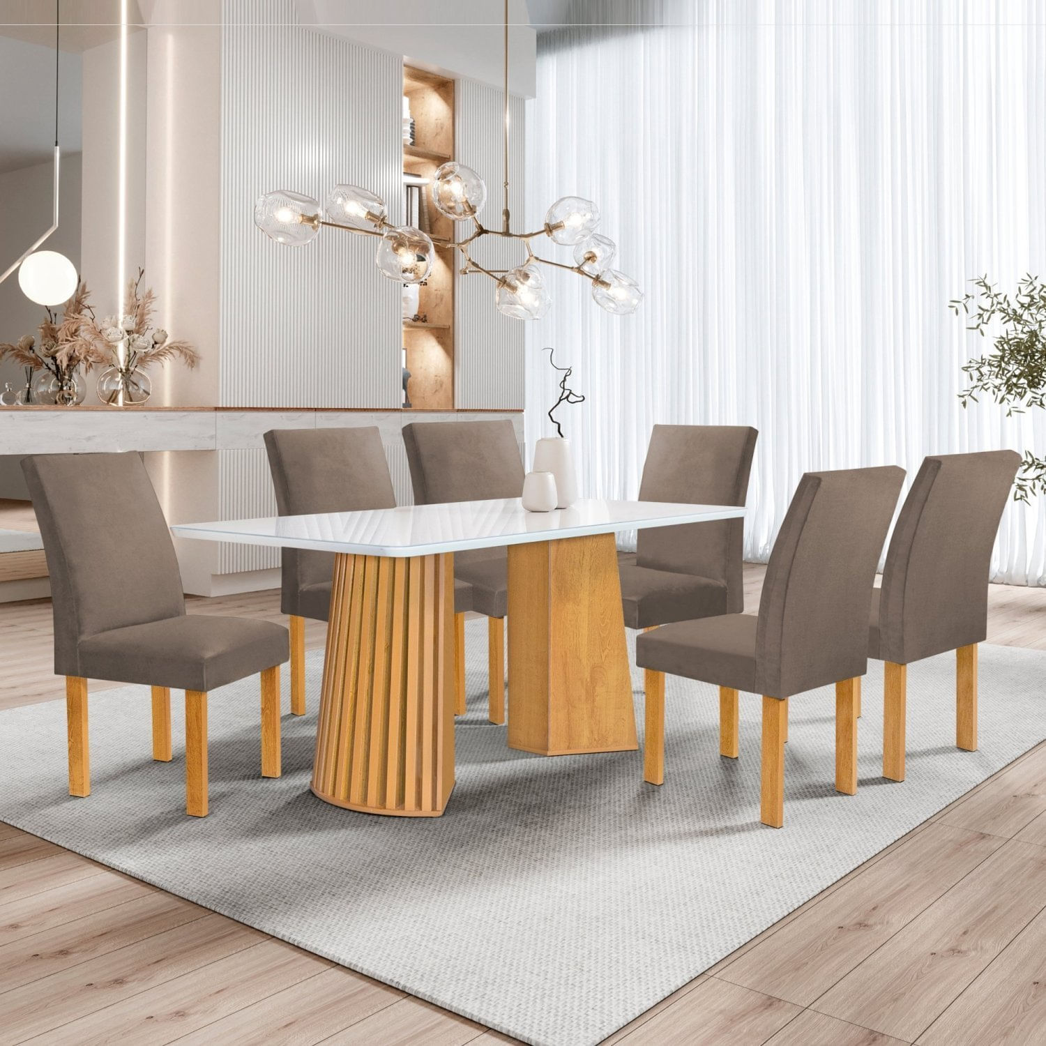 Conjunto Mesa Stella Ripada 170cm Com 6 Cadeiras Canela Tampo Smart Plus Com Vidro Cinamomo/off White/veludo Bege Escuro