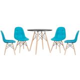 Mesa Redonda Eames 80 Cm Preto + 4 Cadeiras Estofadas Eiffel Botonê Azul Tiffany Azul Tiffany