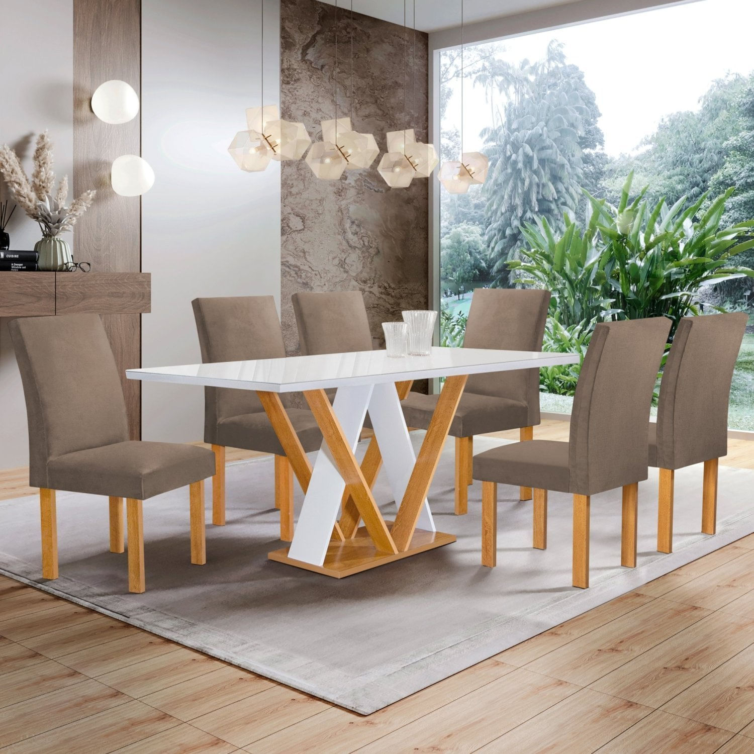 Conjunto Mesa Manuela 160cm Com 6 Cadeiras Canela Tampo Dakota Plus Com Vidro Cinamomo/off White/bege Escuro