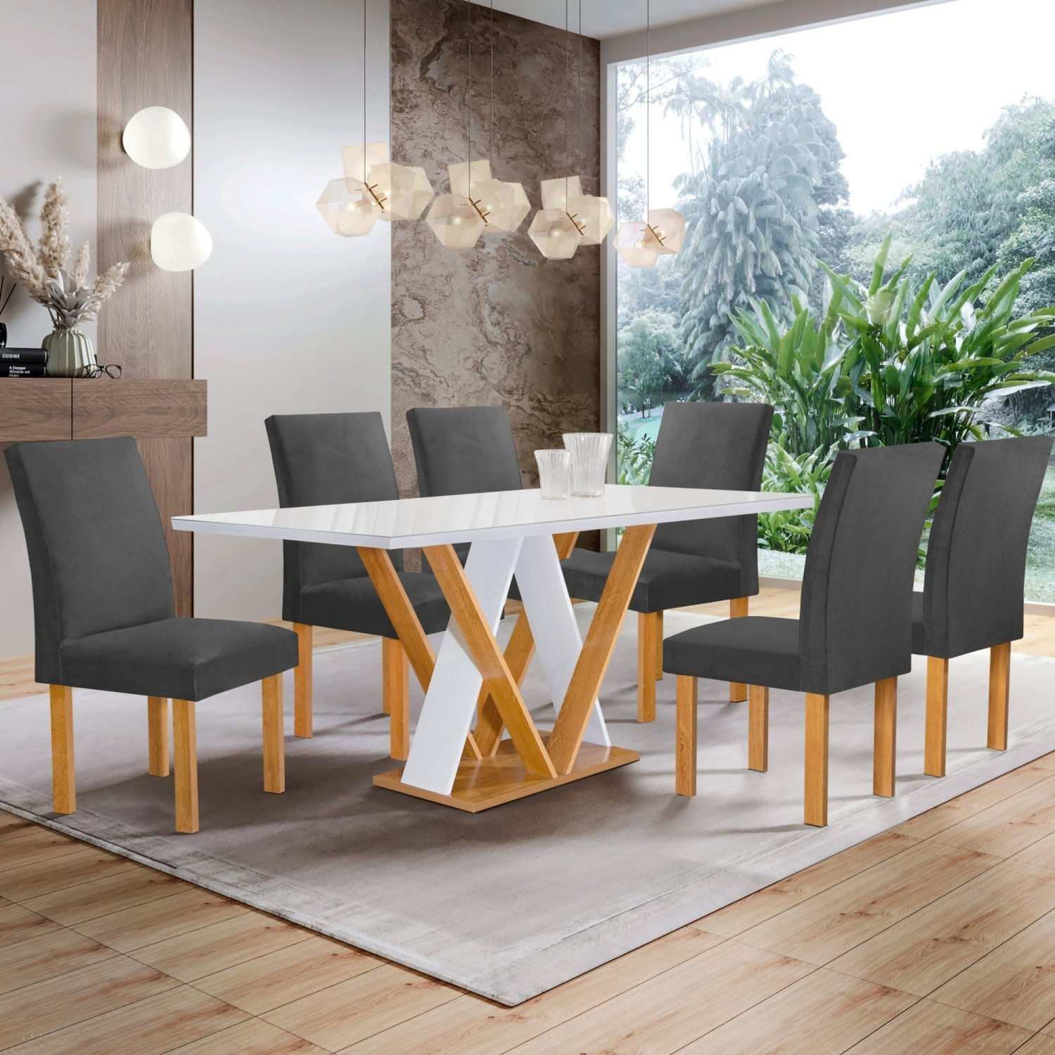 Conjunto Mesa Manuela 160cm Com 6 Cadeiras Canela Tampo Dakota Plus Com Vidro Cinamomo/off White/cinza