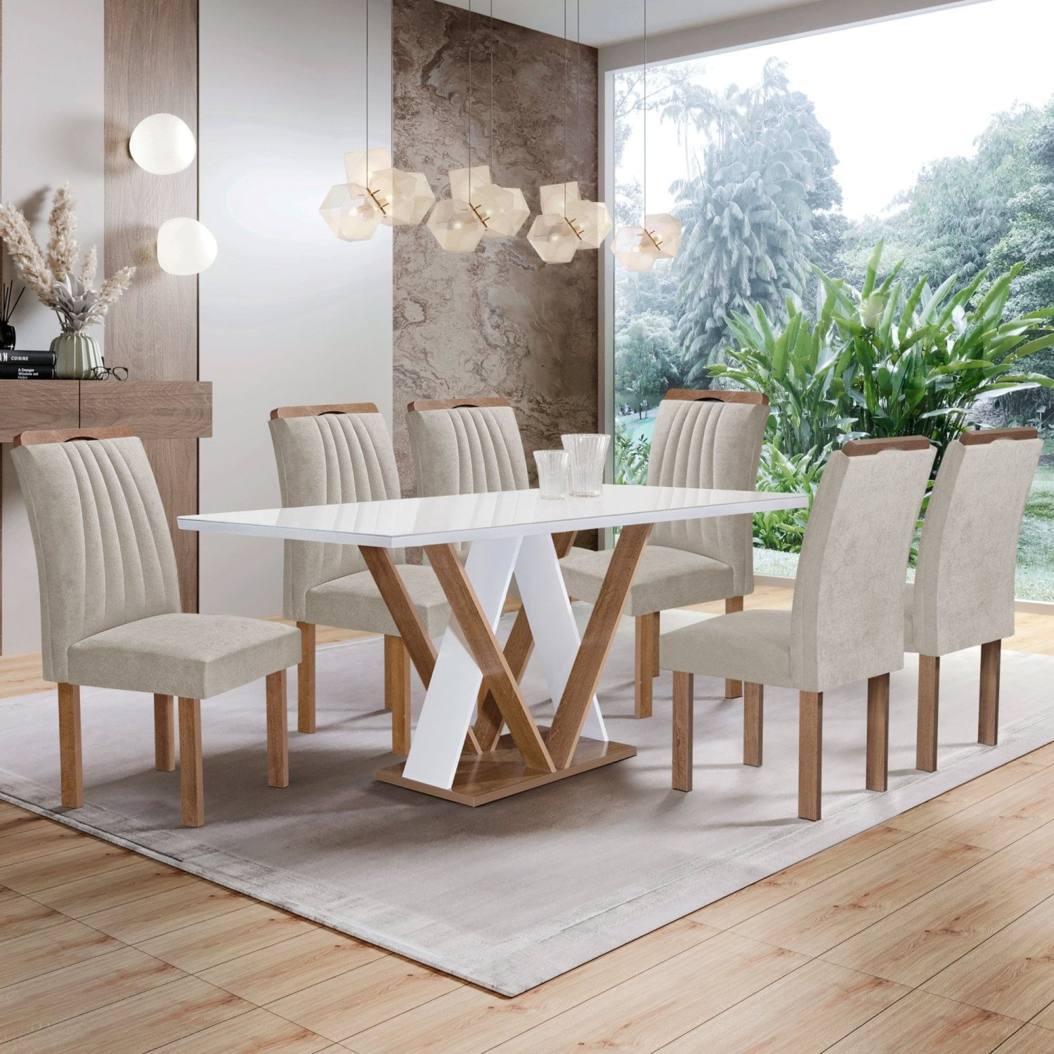 Conjunto Mesa Manuela 160cm Com 6 Cadeiras Arizona Tampo Dakota Plus Com Vidro Chocolate/off White/veludo Bege Claro