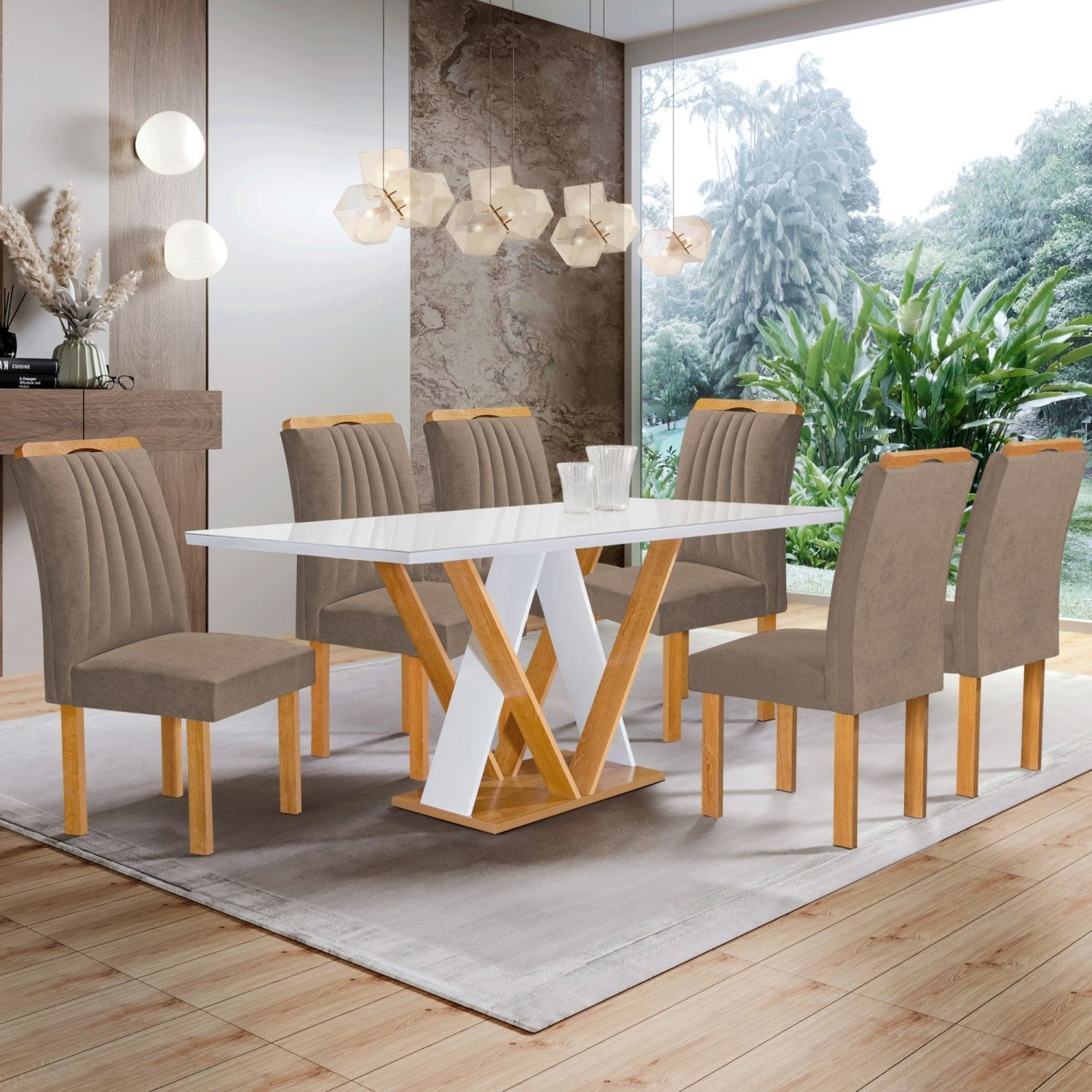 Conjunto Mesa Manuela 160cm Com 6 Cadeiras Arizona Tampo Dakota Plus Com Vidro Cinamomo/off White/bege Escuro