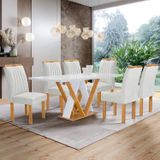 Conjunto Mesa Manuela 160cm Com 6 Cadeiras Arizona Tampo Dakota Plus Com Vidro Cinamomo/off White/gelo