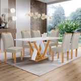 Conjunto Mesa Manuela 160cm Com 6 Cadeiras Arizona Tampo Dakota Plus Com Vidro Cinamomo/off White/bege Claro