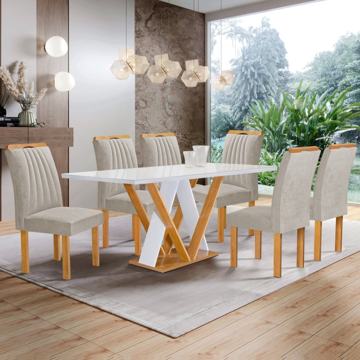 Conjunto Mesa Manuela 160cm Com 6 Cadeiras Arizona Tampo Dakota Plus Com Vidro Cinamomo/off White/bege Claro