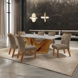 Conjunto Sala De Jantar Mesa Tampo Em Mdf/vidro E 6 Cadeiras Apolo Chanfro Premium Yescasa Castanho Cinamomo / Capuccino / Off White