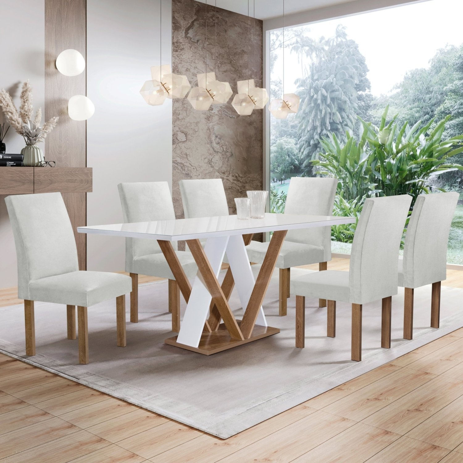 Conjunto Mesa Manuela 160cm Com 6 Cadeiras Canela Tampo Dakota Plus Com Vidro Chocolate/off White/gelo