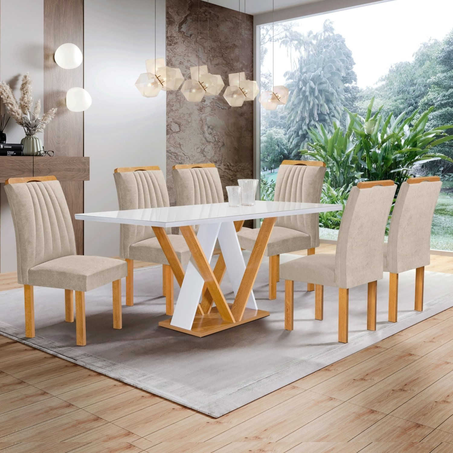 Conjunto Mesa Manuela 160cm Com 6 Cadeiras Arizona Tampo Dakota Plus Com Vidro Cinamomo/off White/bege